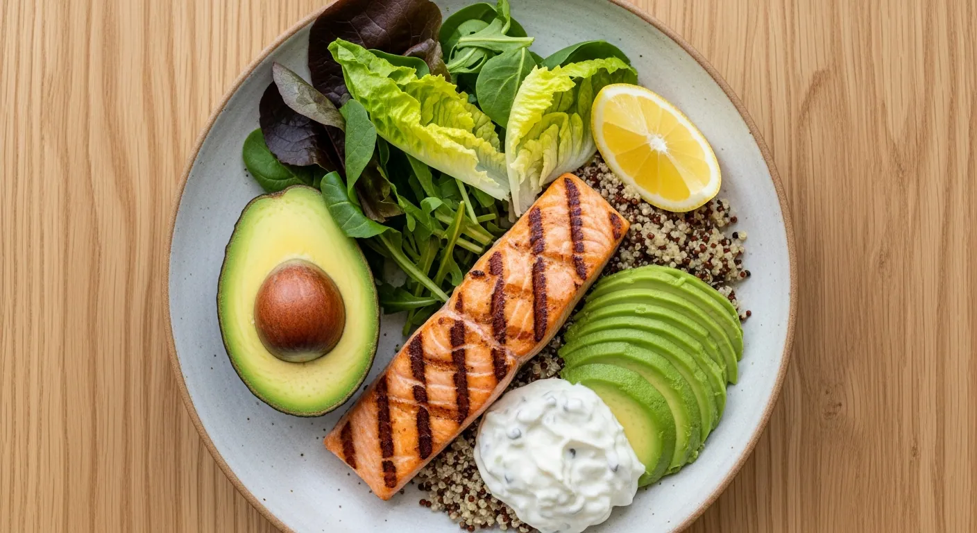 Praktický PCOS-friendly tanier – grilovaná ryba, listová zelenina, avokádo a quinoa, prirodzené svetlo na drevenom stole.